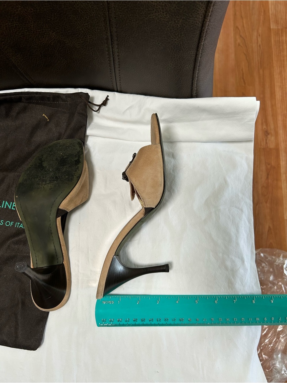 Donald J. Pliner Tan Suede Slide Heels with Gold Insoles - Picture 7 of 10